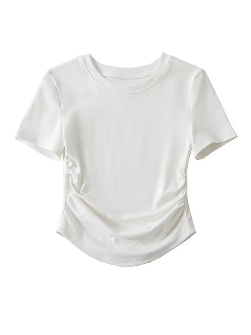 Harajuku Women Crew Neck Short Sleeve Cotton Tee With Ruched Sides