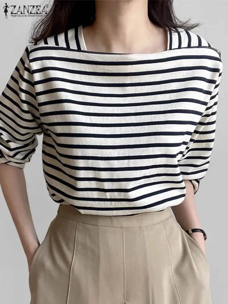 ZANZEA Fashion Striped Blouse Women Elegant Square Neck Long Sleeve