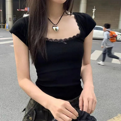 Y2k Lace Patchwork Crop T-shirt Women Vintage Streetwear Sexy Slim U