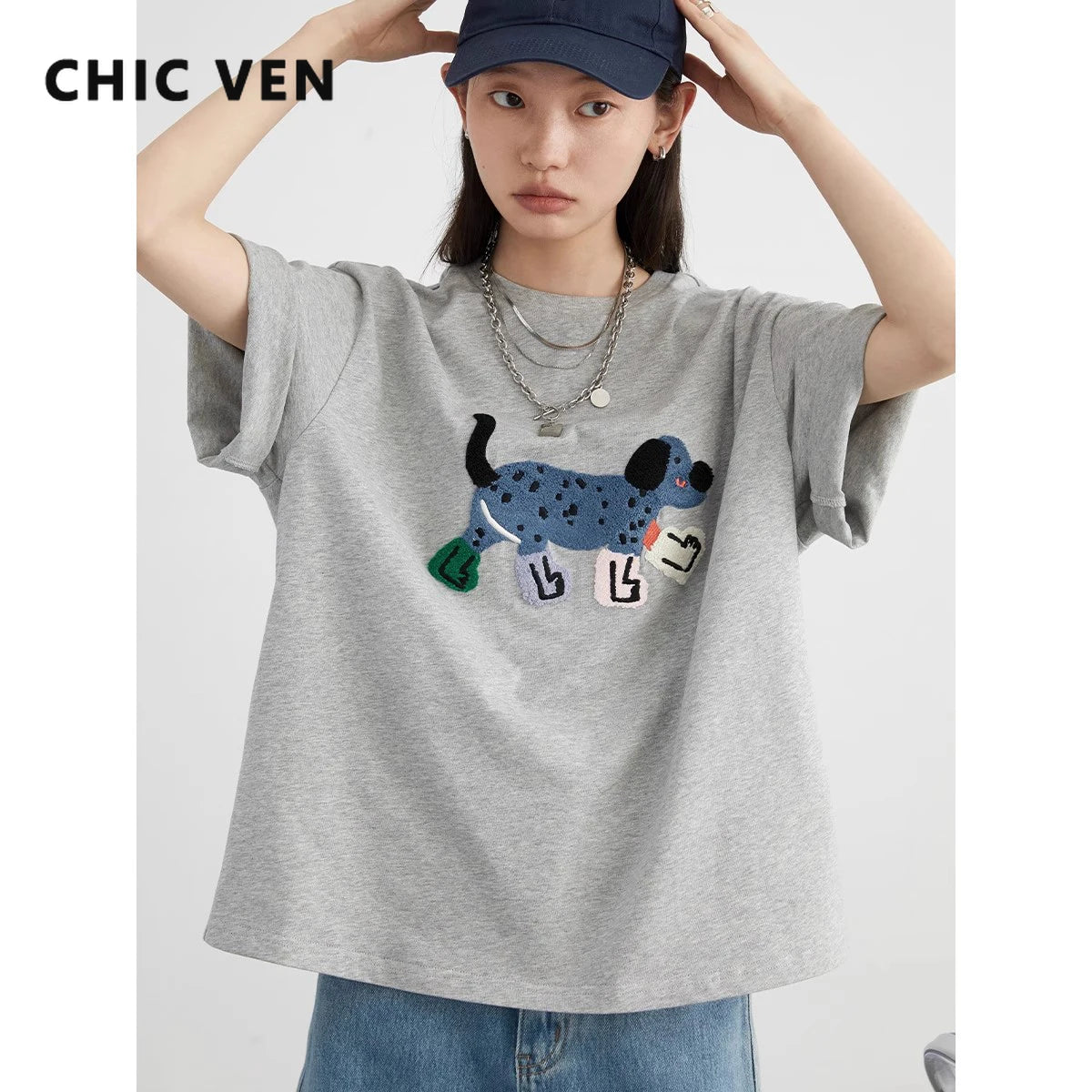CHIC VEN Women T-Shirts Loose Streetwear Unisex Fun Dog Embroidered