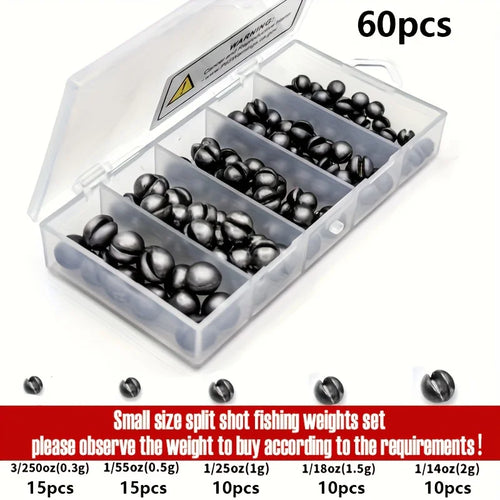 60/120pcs Fishing Weights Kit,Premium Split Shot Sinkers with 5