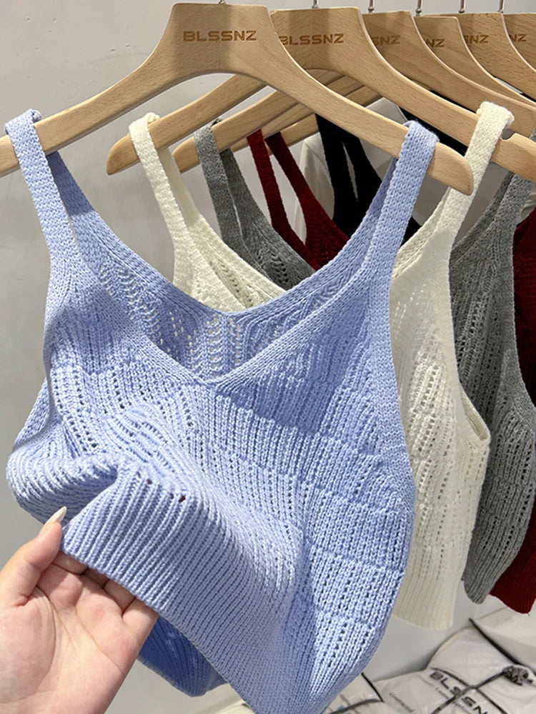 Korea Knitted Vests Women Top V-neck Solid Tank Blusas Mujer De Moda