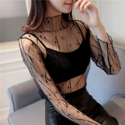 Spring Summer Women Sexy Black Mesh Tops Bottoming T Shirts