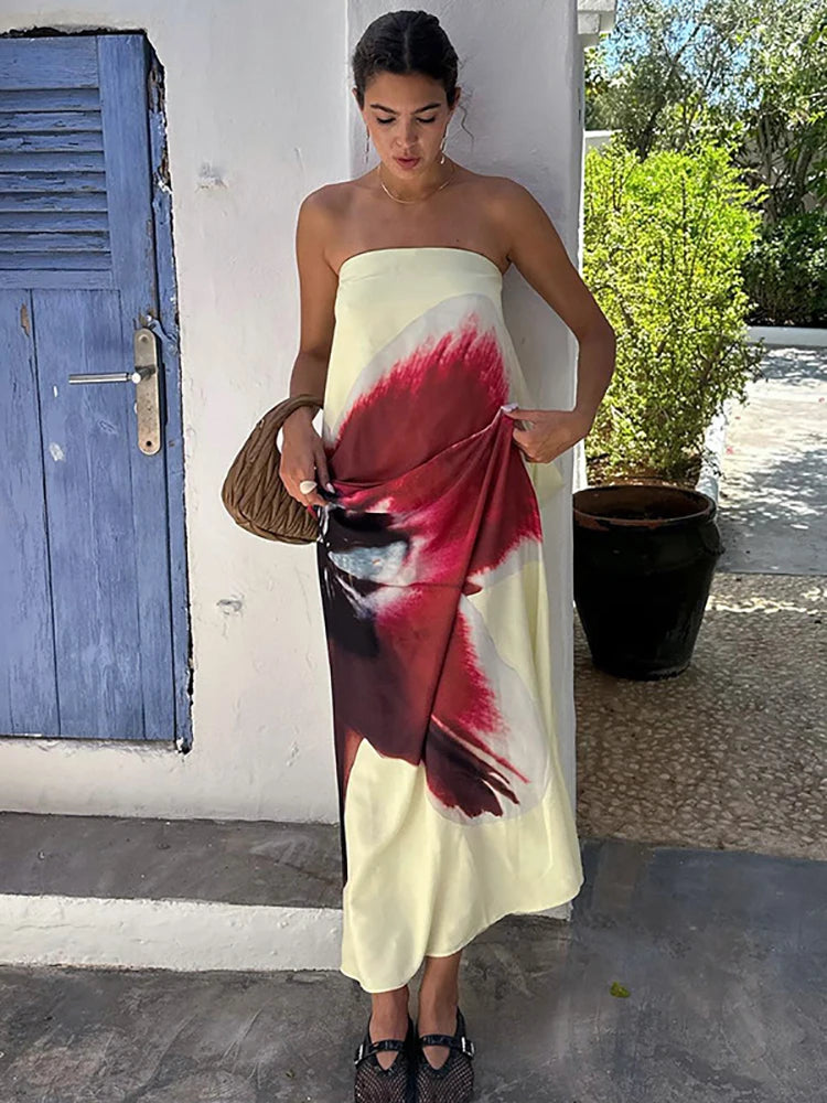JULISSA MO Sexy Strapless Print Floral Belt Women Maxi Dress Yellow