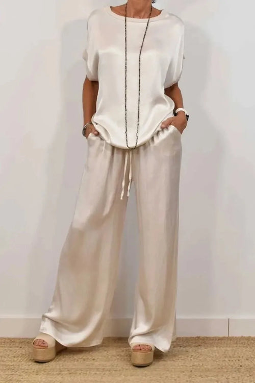 Casual Loose Satin T Shirt Pants Two Piece Sets Women Fashion O-neck