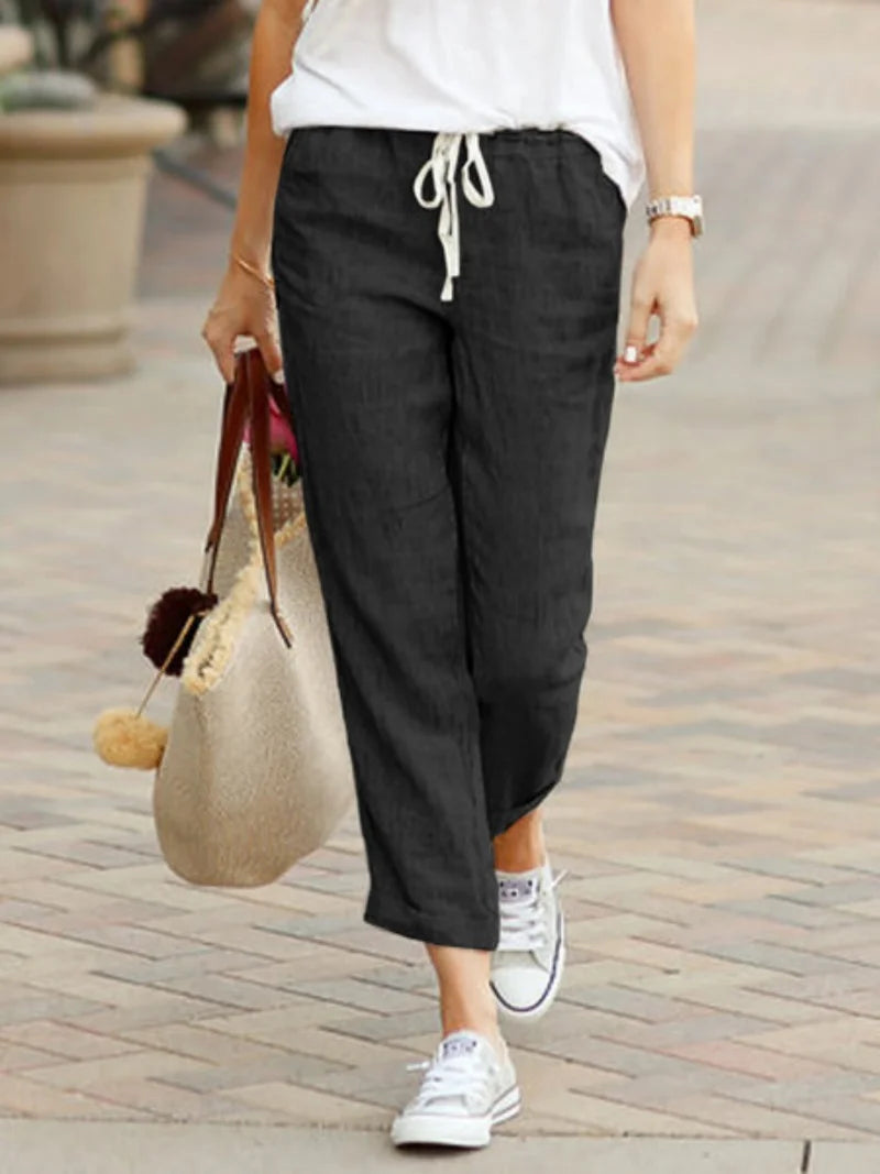 Elegant Solid Slimple Pant Fashion Women Drawstring Cropped Elastic