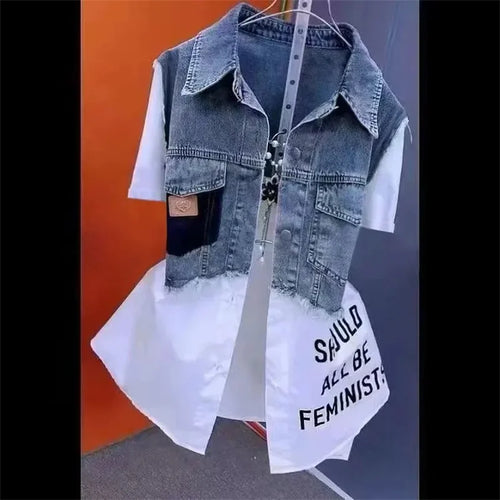Women Denim Jacket Fake Two Denim Shirts 2024 New Spring Summer Autumn