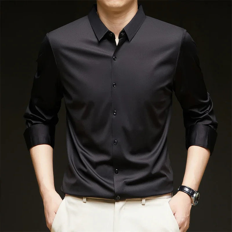 New Men's Business Casual Long Sleeved Solid Color Shirt Wrinkle