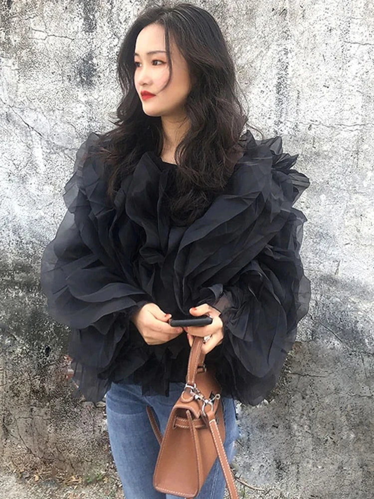TWOTWINSTYLE Elegant Patchwork Ruffles Chiffon Blouses Women O Neck