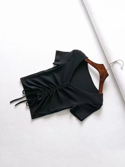 Sexy V Neck Cropped Tank Tops Women Drawstring Tie Up Front Camis
