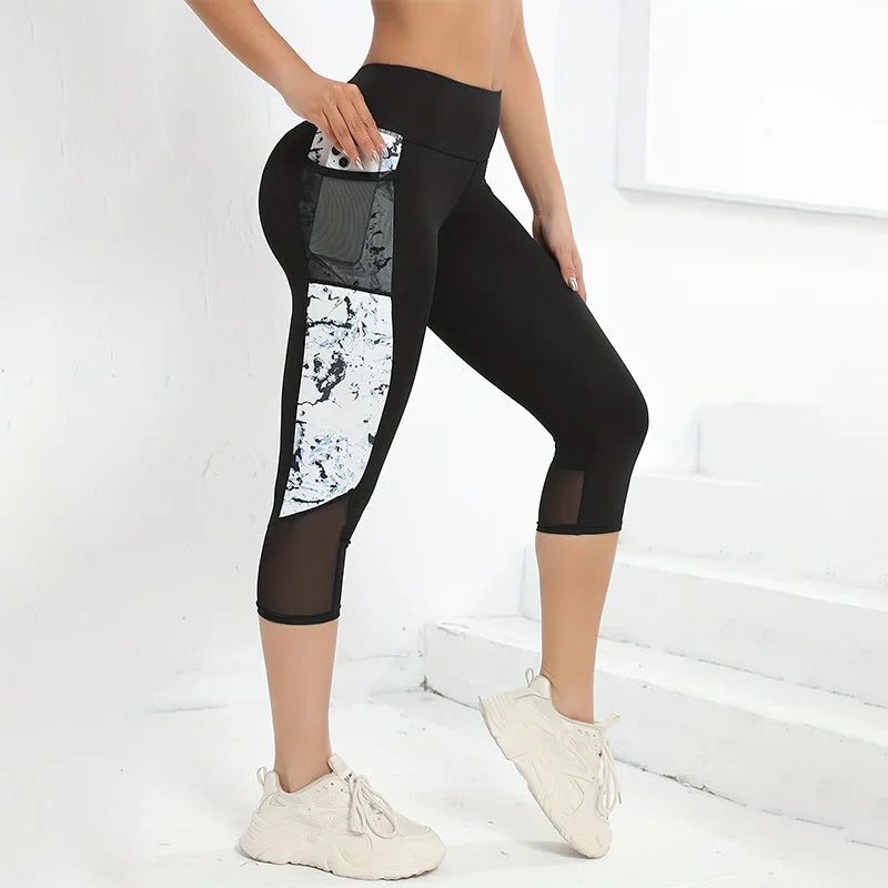 Marble Print Butt Lifting Sports Capri Leggings With Pockets, High