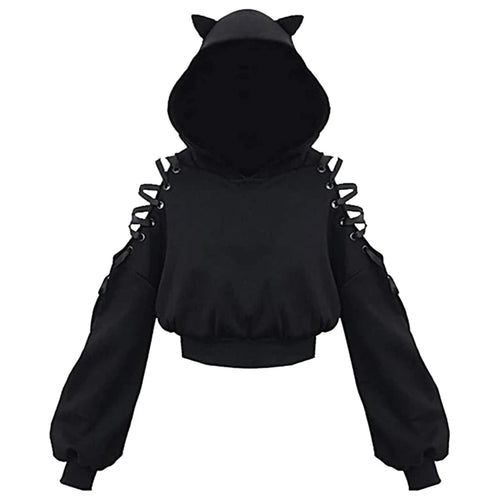 Y2k Gothic Womens Hoodie Cat Ear Crop Top Hooded Sweatshirt Hollow Out