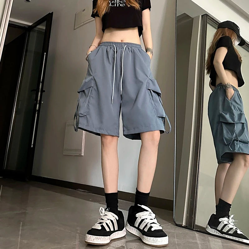 Gidyq Women High Waist Cargo Shorts American Style Streetwear Summer