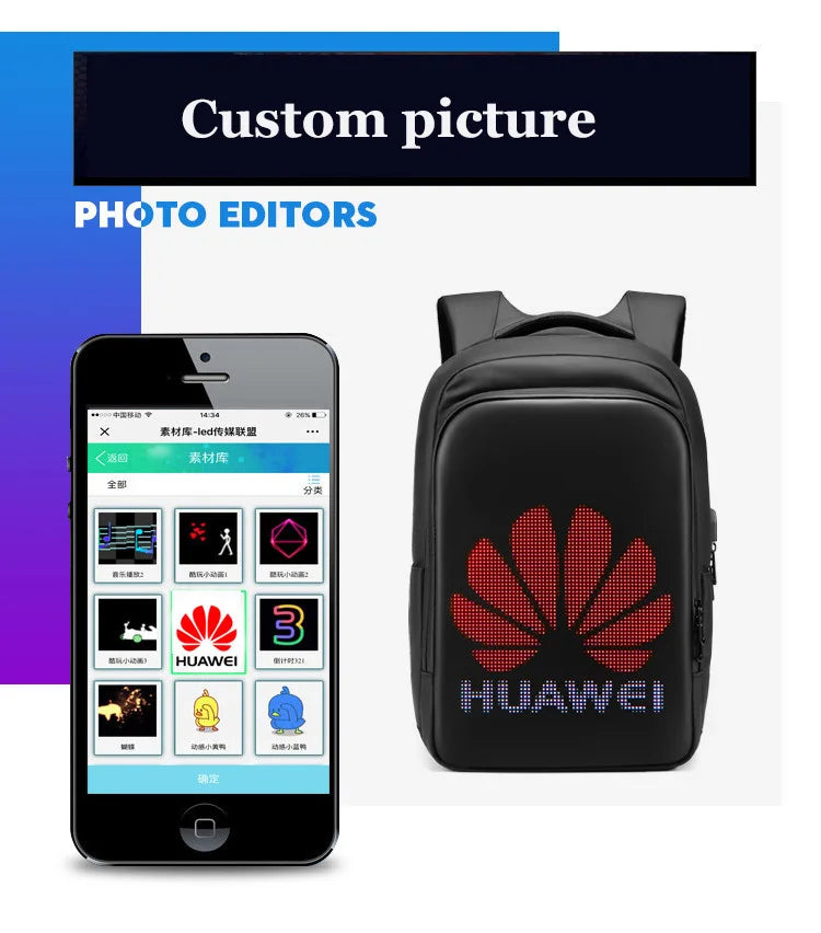 LED Display backpack Business travel 15.6 Inch Laptop Backpack Men DIY