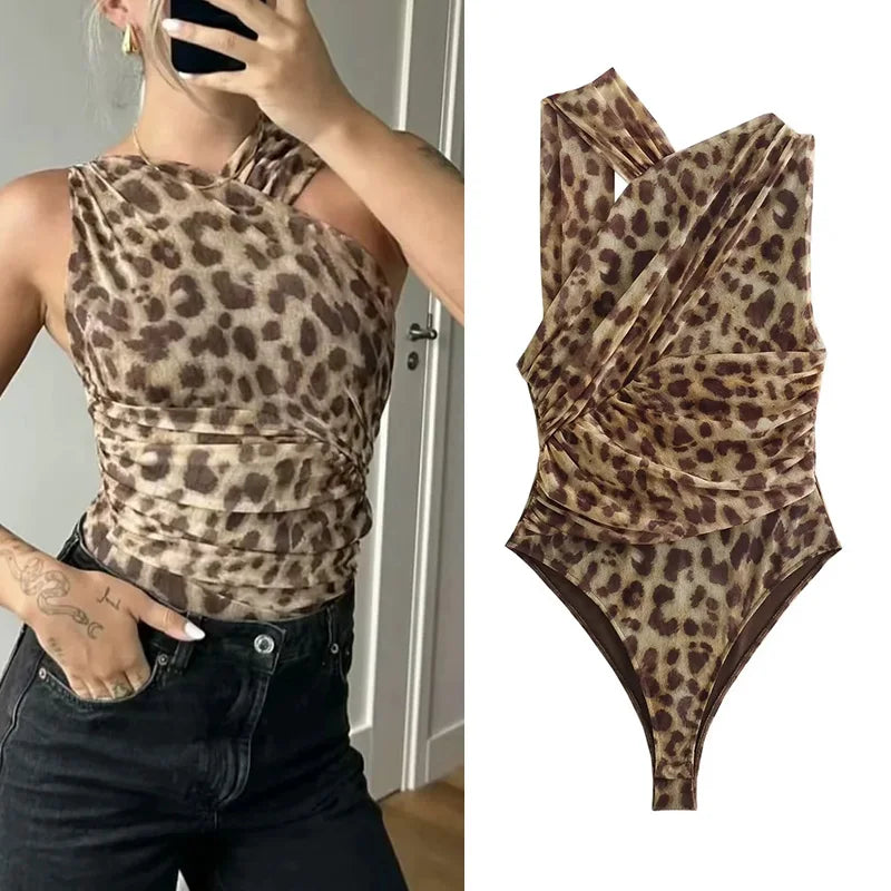 MUJER 2025 Woman Body Leopard Print Mesh Sleeveless Bodysuit Women