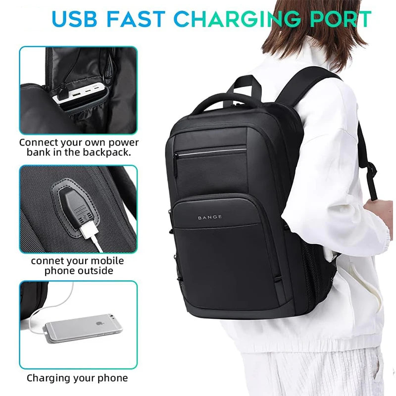 BANGE Travel Waterproof Backpack with USB Charging Port Fit 15.6 Inch
