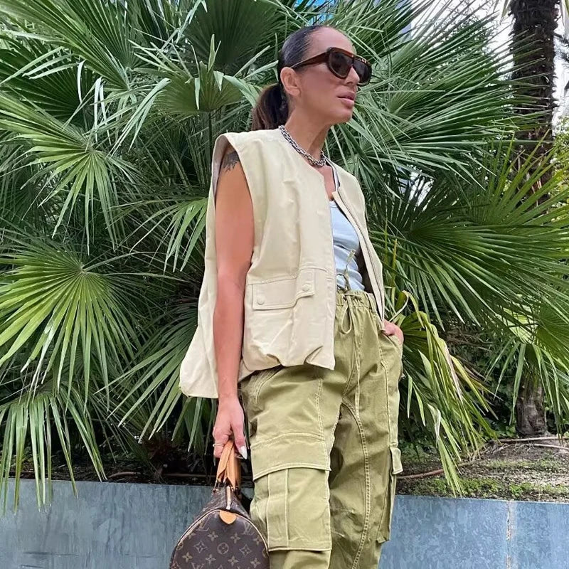 MUJER Ruched Sleeveless Vest Women Zip Loose Summer Vests for Women