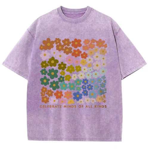 100% Color Flower Letter Print T-Shirt Loose Retro Old Shoulder Wash