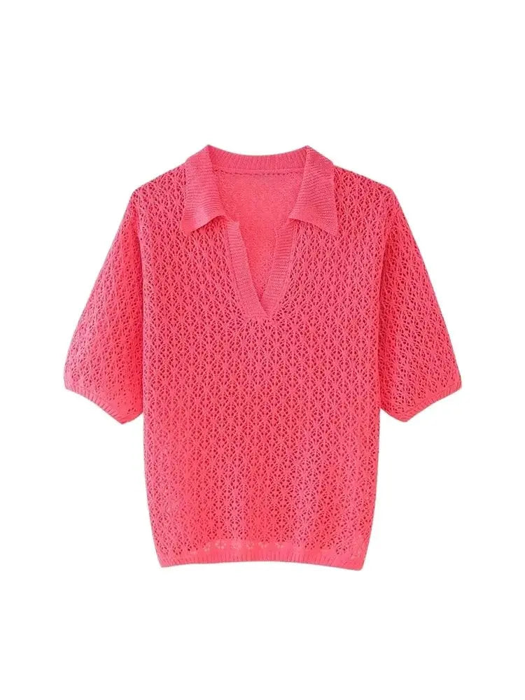 TRZA Women Fashion Pointelle Knit Loose Sweater Polo Collar Short