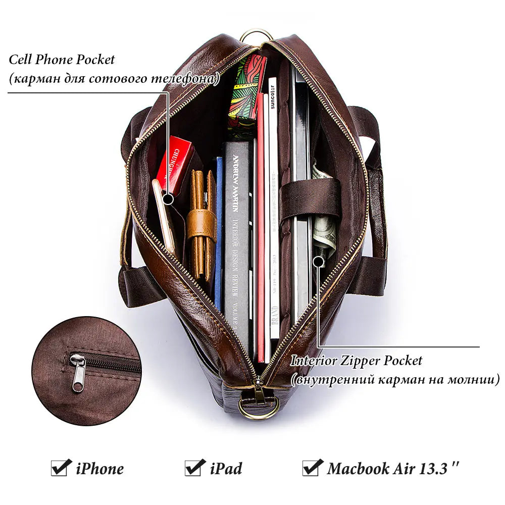 Genuine Leahther Men Briefcase Portable Office Handbag for Laptop Bag
