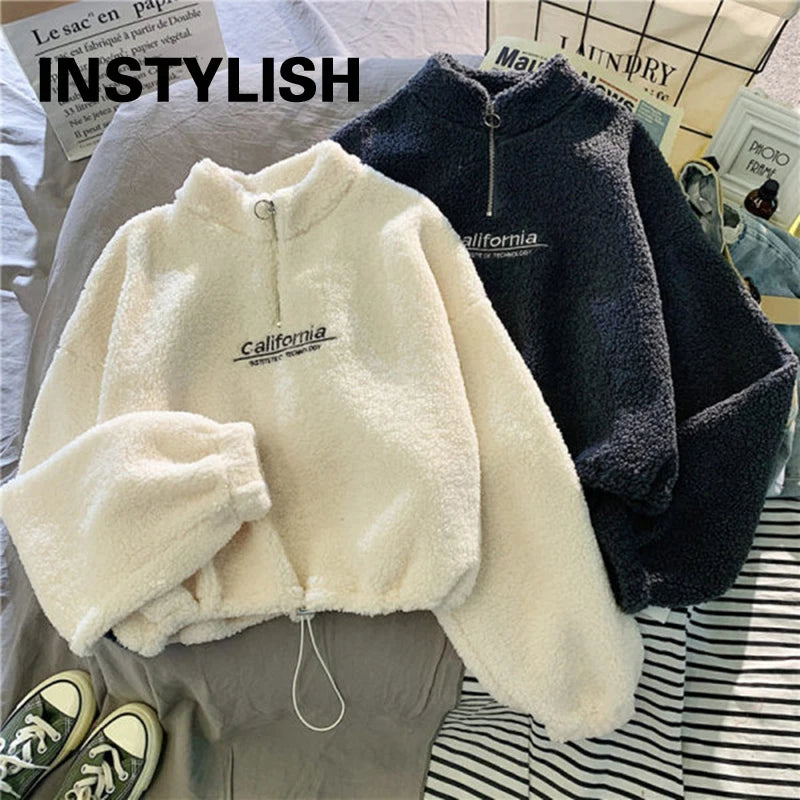Women Stand Neck Fleece Cropped Hoodies Autumn Letter Embroidery Long