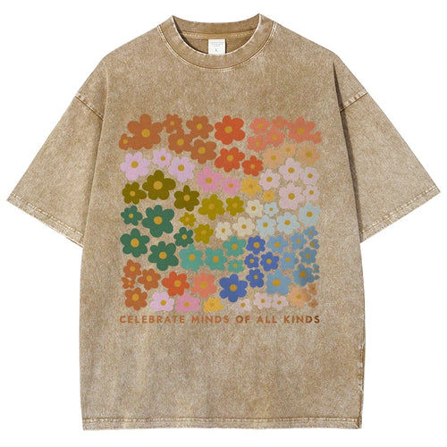 100% Color Flower Letter Print T-Shirt Loose Retro Old Shoulder Wash