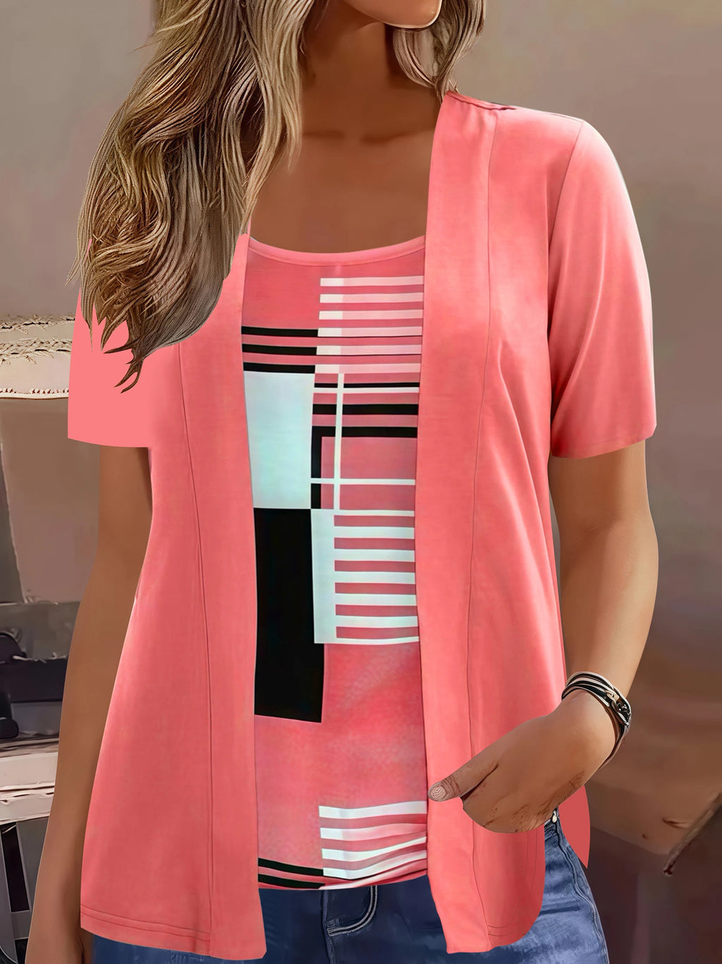 Elegant Geometric Print Mock Two-Piece T-Shirt | Plus Size Womens