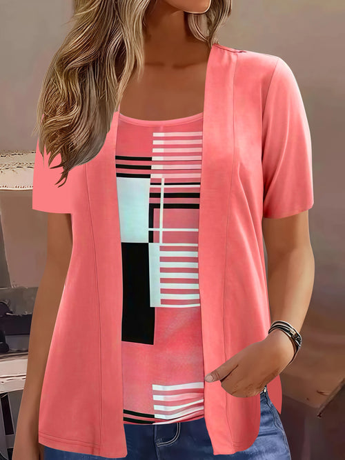 Elegant Geometric Print Mock Two-Piece T-Shirt | Plus Size Womens