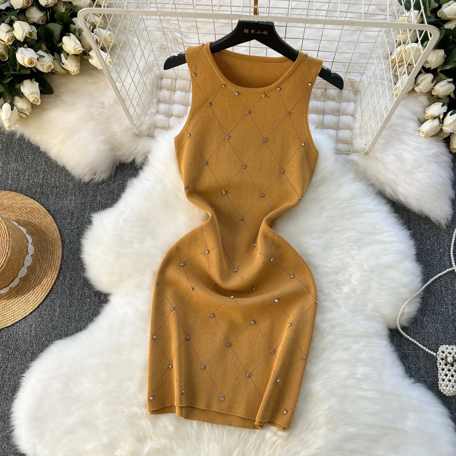 Beading  Summer Women's Knitting Sheath Tank Dress Female Bodycon