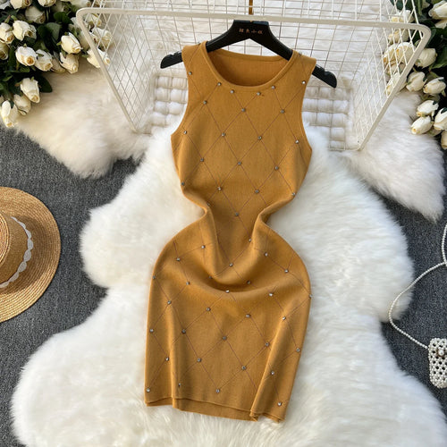 Beading  Summer Women's Knitting Sheath Tank Dress Female Bodycon