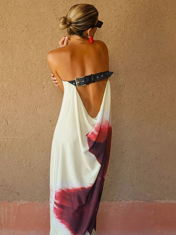 JULISSA MO Sexy Strapless Print Floral Belt Women Maxi Dress Yellow