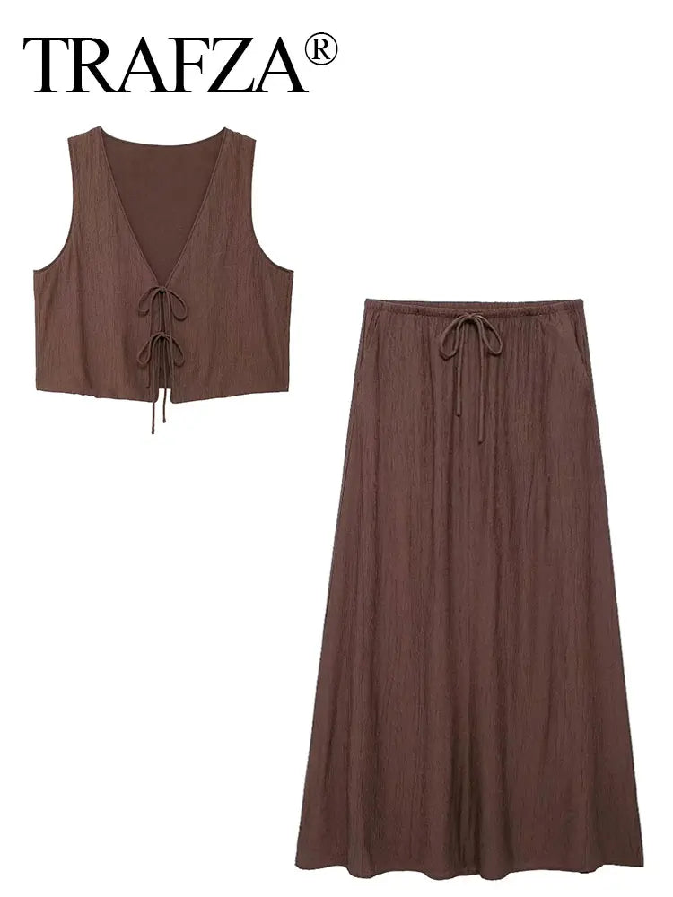 TRAFZA Women Fashion Vintage Solid Skirt Suit Bow Lace-up Tank Tops V