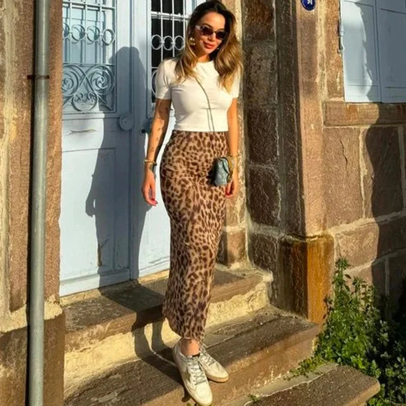 TRAF Leopard Long Skirts Women's 2024 Spring Summer Autumn Elegant