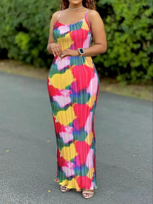 Women's Tie Dye Print Pleated Dress,Summer Spaghetti Strap Bodycon