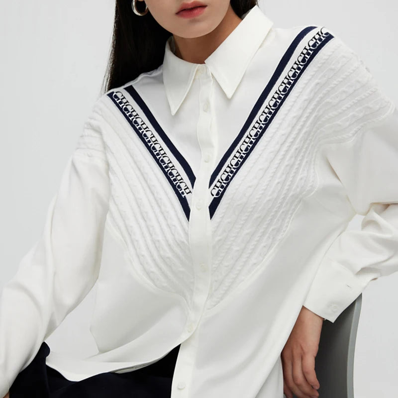 CHCH Women's Blouse Knitted Patchwork Striped Blouse Casual Fashion
