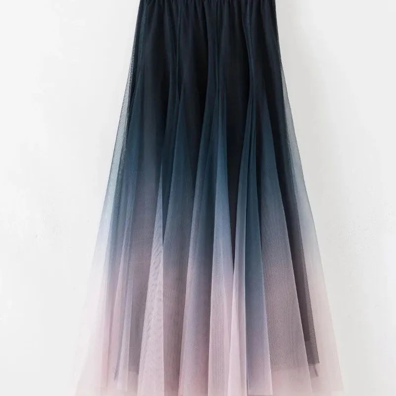 MEXZT Elegant Tulle Skirts Women High Waist Gradient Mesh Pleated Midi