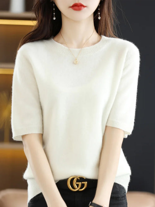 New Short-sleeved Knitwear Women O-neck T-shirt Wool Cotton Blend