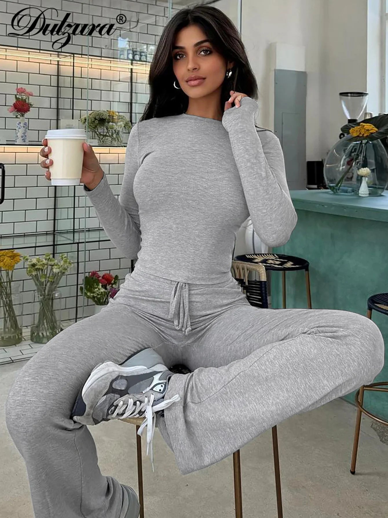 Dulzura Women’S Casual 2 Piece Pants Set Long Sleeves Bodycon Crop Top