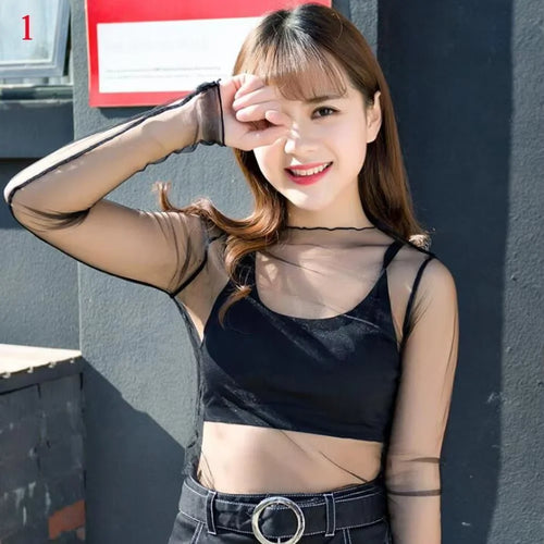 Spring Summer Women Sexy Black Mesh Tops Bottoming T Shirts