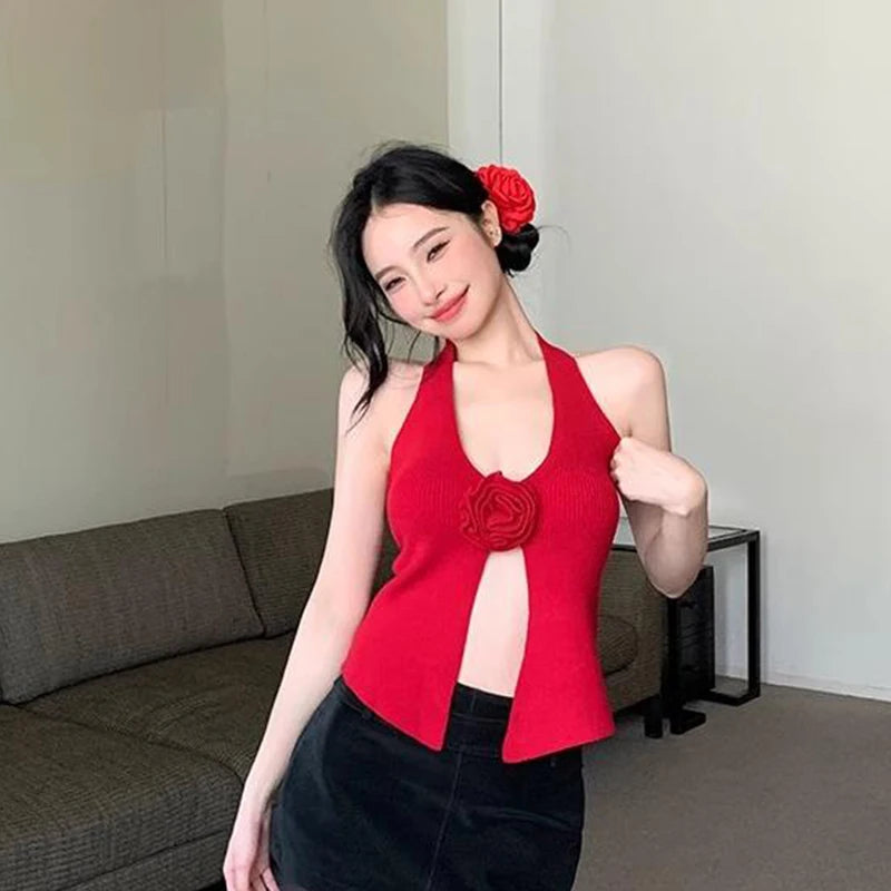 Summer Sweet Flower Knitted Camisole Women's Sexy Halter V-neck