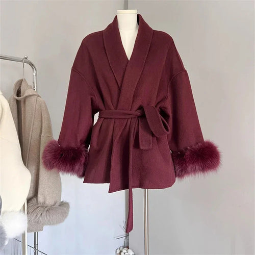 TARUXY Fox Fur Woolen Coats Women's Short Coat Office Lady Removable