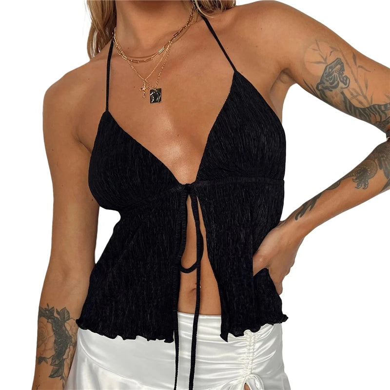 Sexy Summer Cami Top Bowknot Lace-Up Sleeveless Cropped Vest Elegant