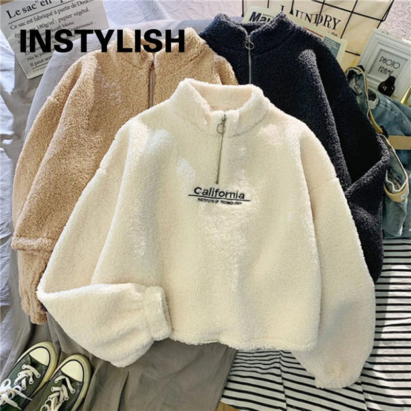 Women Stand Neck Fleece Cropped Hoodies Autumn Letter Embroidery Long