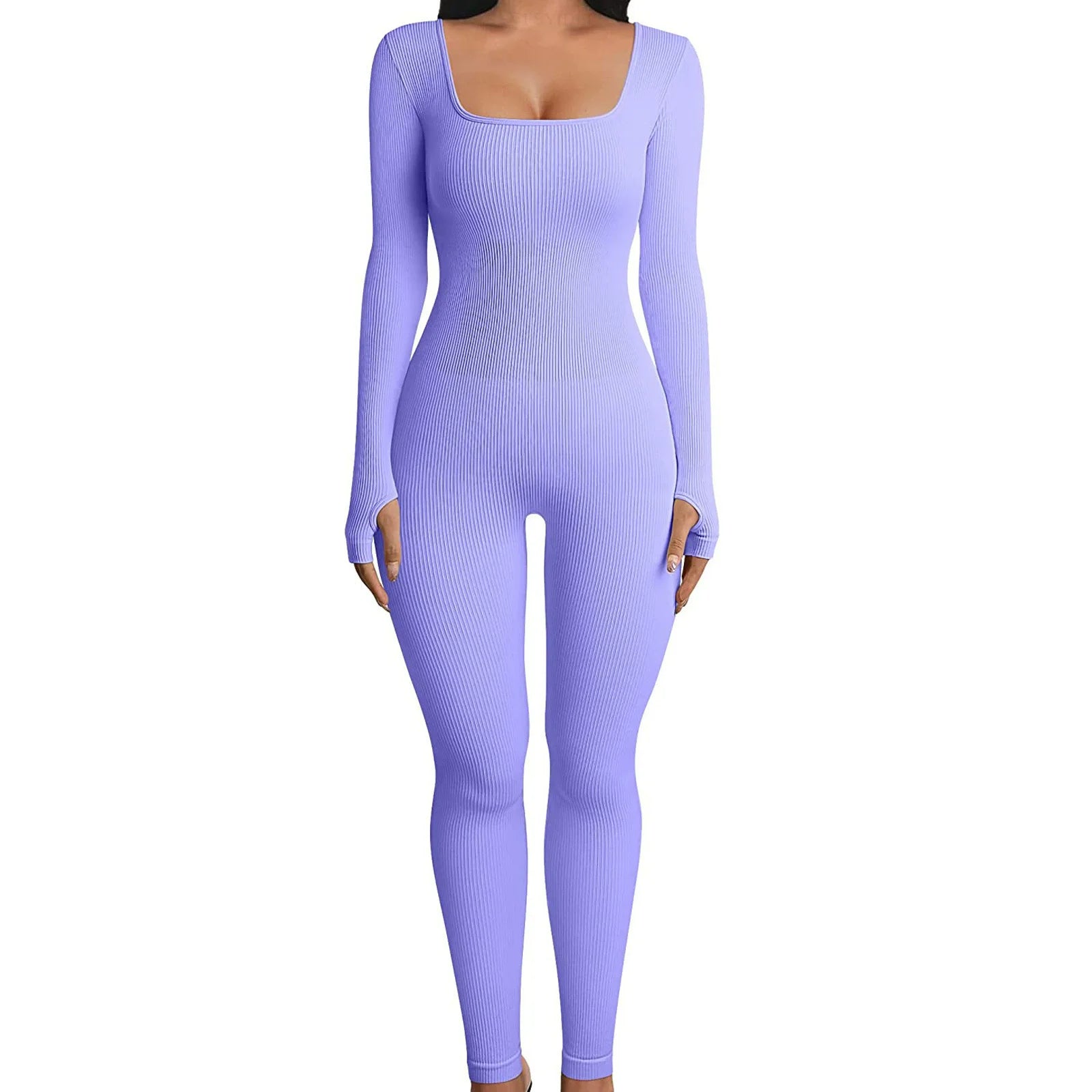 Solid Color Ribbed Yoga Jumpsuit, Seamless Slim Fit Long Sleeve Sports