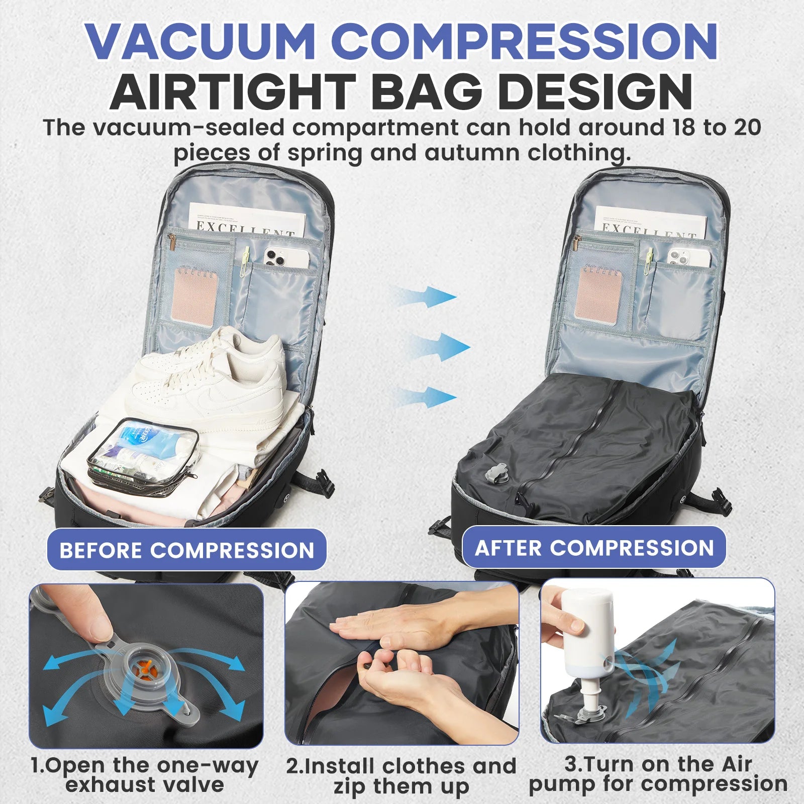 Vacuum Compression Travel Backpack - Large Capacity Foldable Hiking