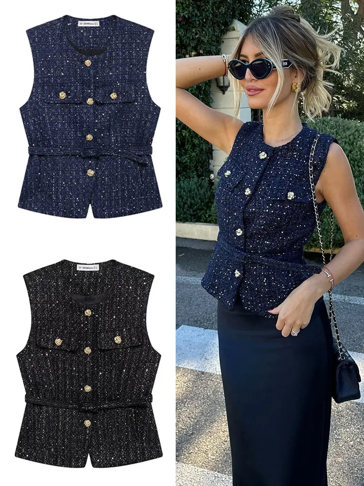 TRAFZA Women Fashion Tweed Belt Waistcoat O Neck Single Breasted