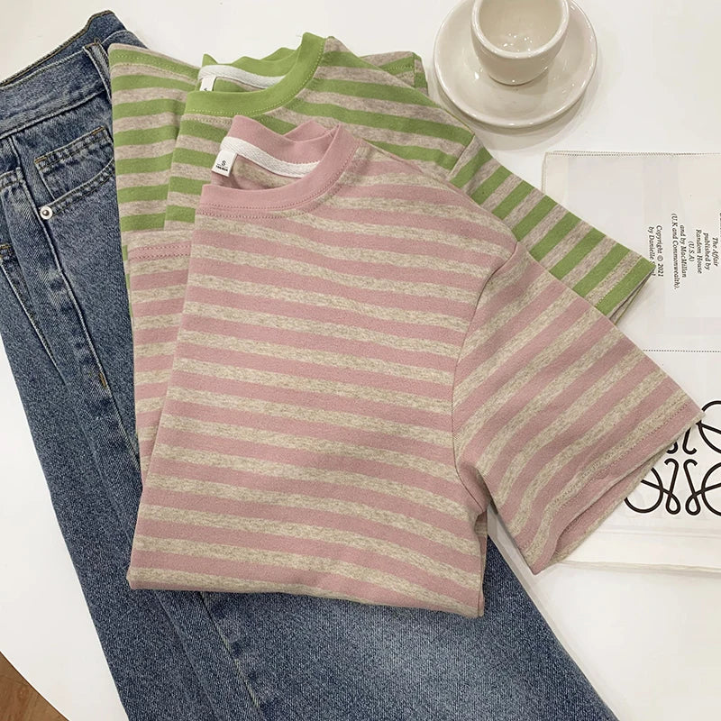 Summer Short Sleeve Striped T-Shirts Versatile Women Knitted Basic