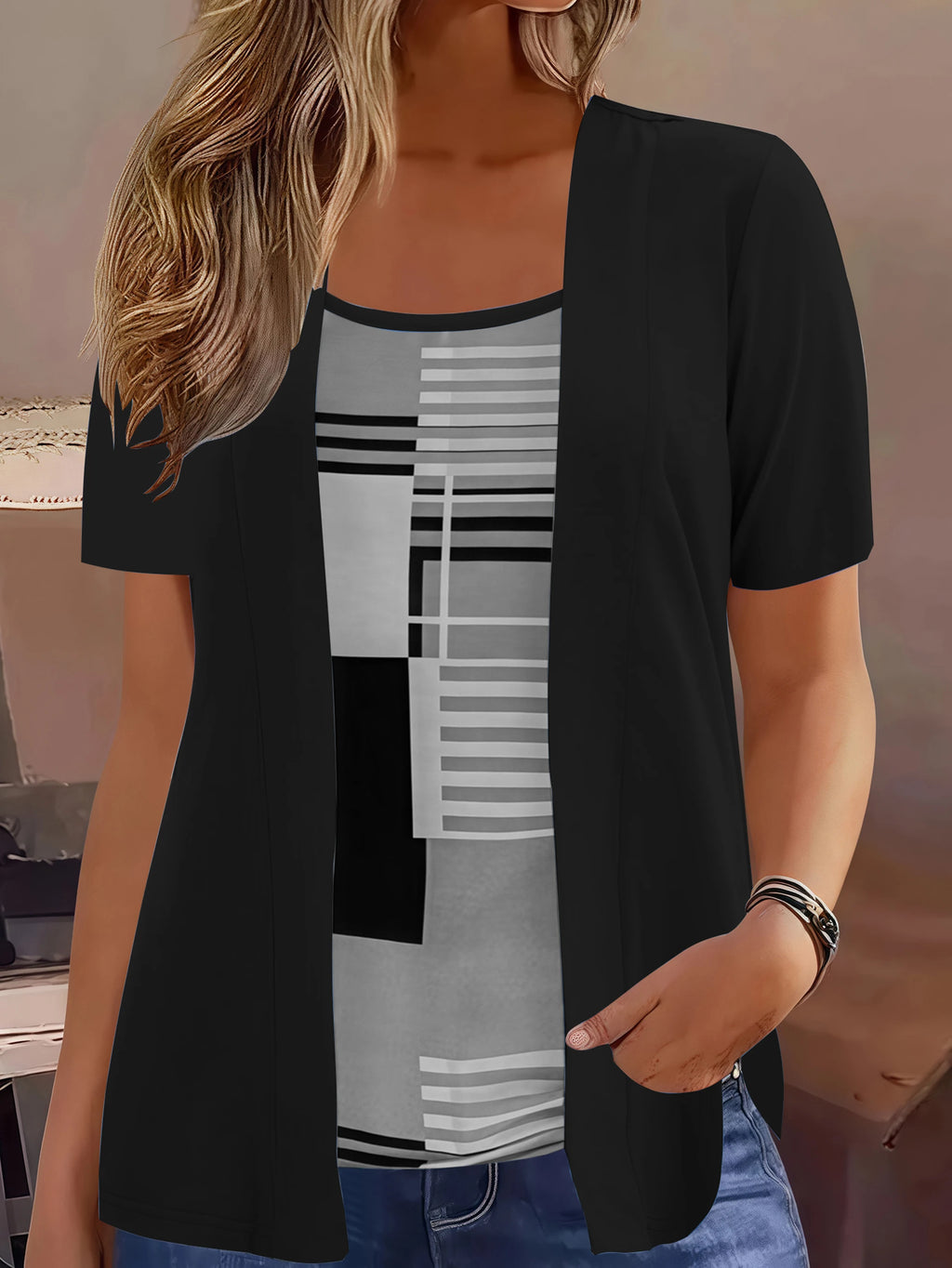 Elegant Geometric Print Mock Two-Piece T-Shirt | Plus Size Womens