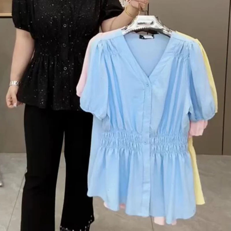 200 Pounds Plus Size Elastic Waist Summer Shirt And Blouse Short