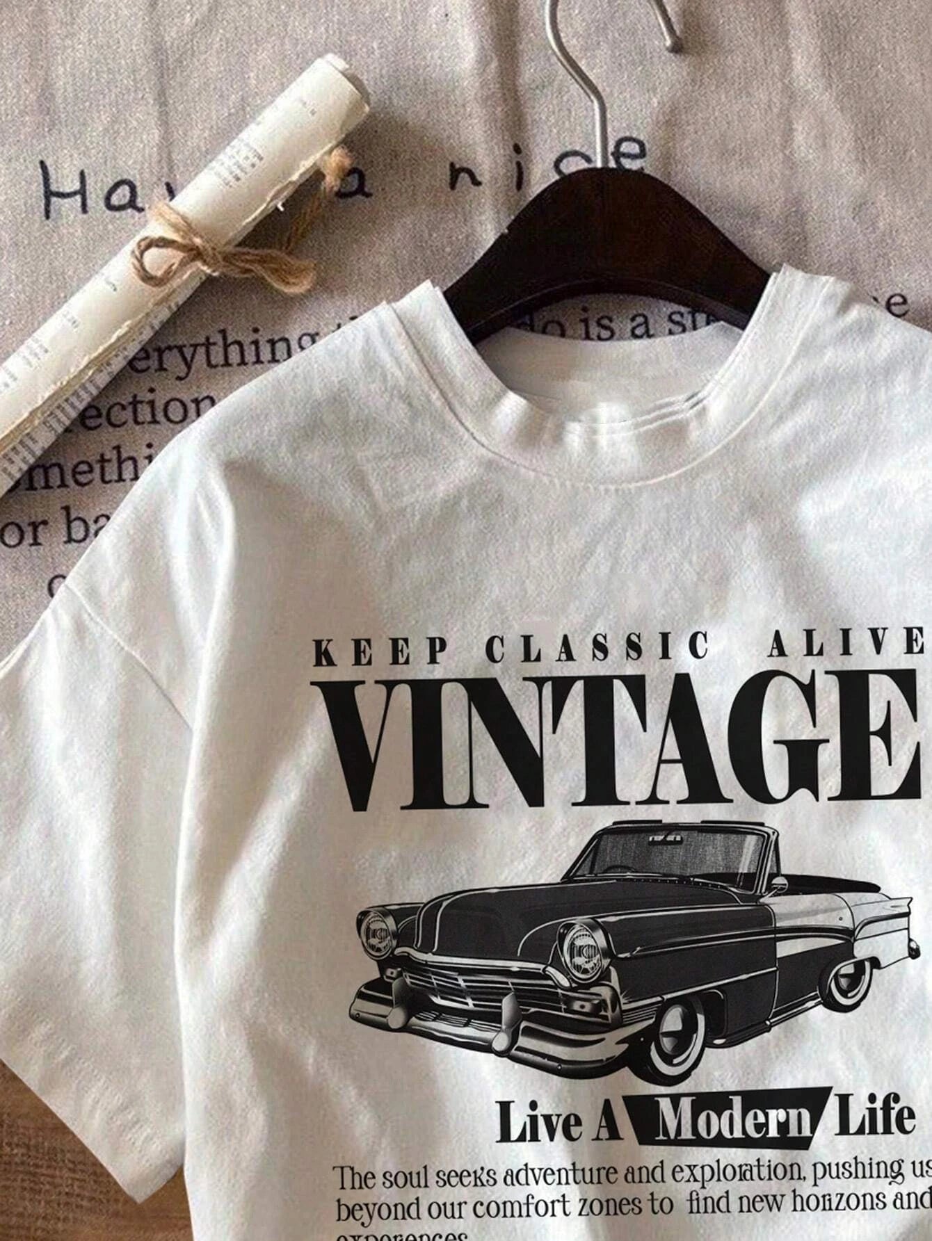 Vintage Car Print Women T-Shirts Street Breathable Comfortable Short